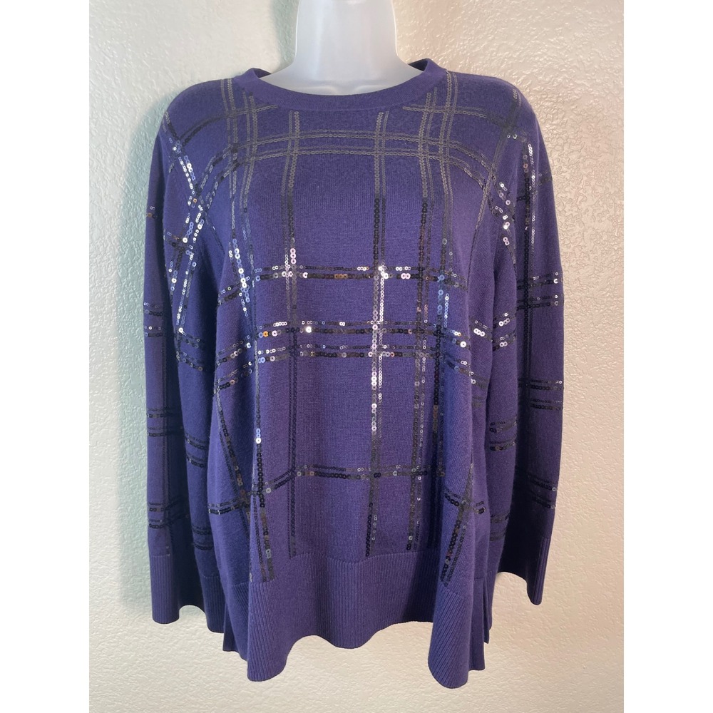 Chicos 2 US Large Sweater Purple Plaid Sequin Crew Neck Wool Blend Knit Office